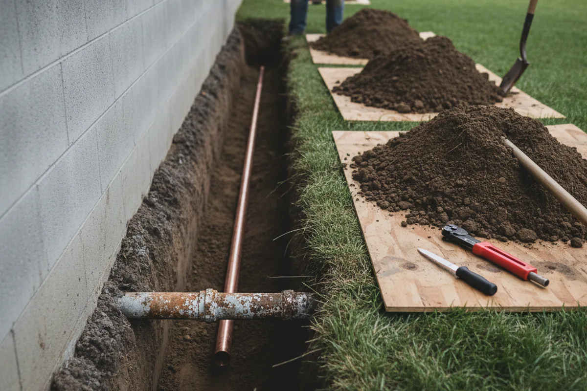 Excavated water line trench during Water Heater Repair in Newfields